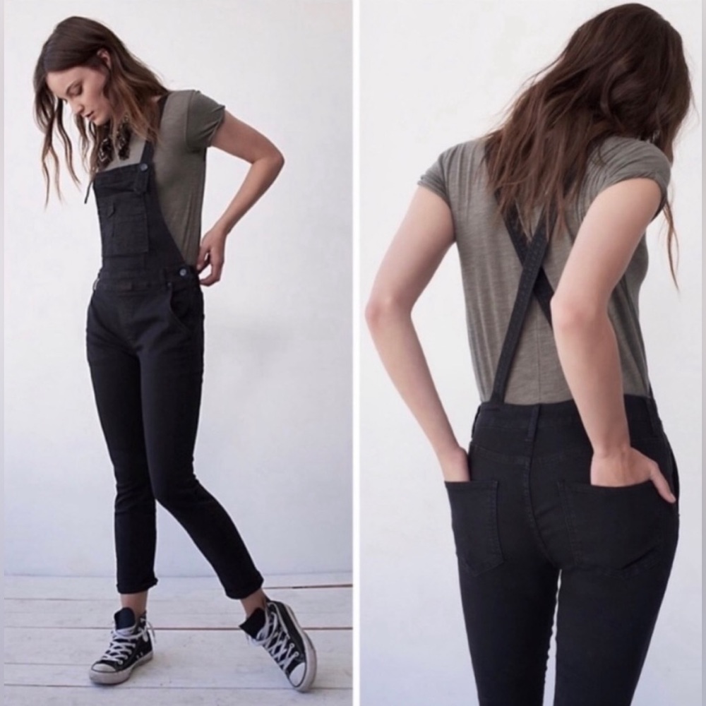 Free People | Faded Black Washed Denim Overalls 28